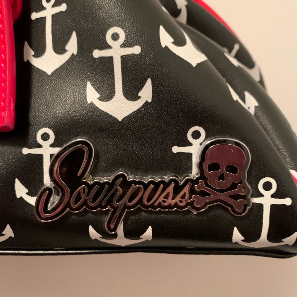 $SOLD$ Sourpuss Black with White Anchors Red Buckle Straps Purse EUC - Picture 3 of 5